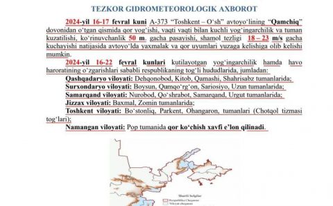 Gidrometeoroligiya xizmati ogohlantirmoqda