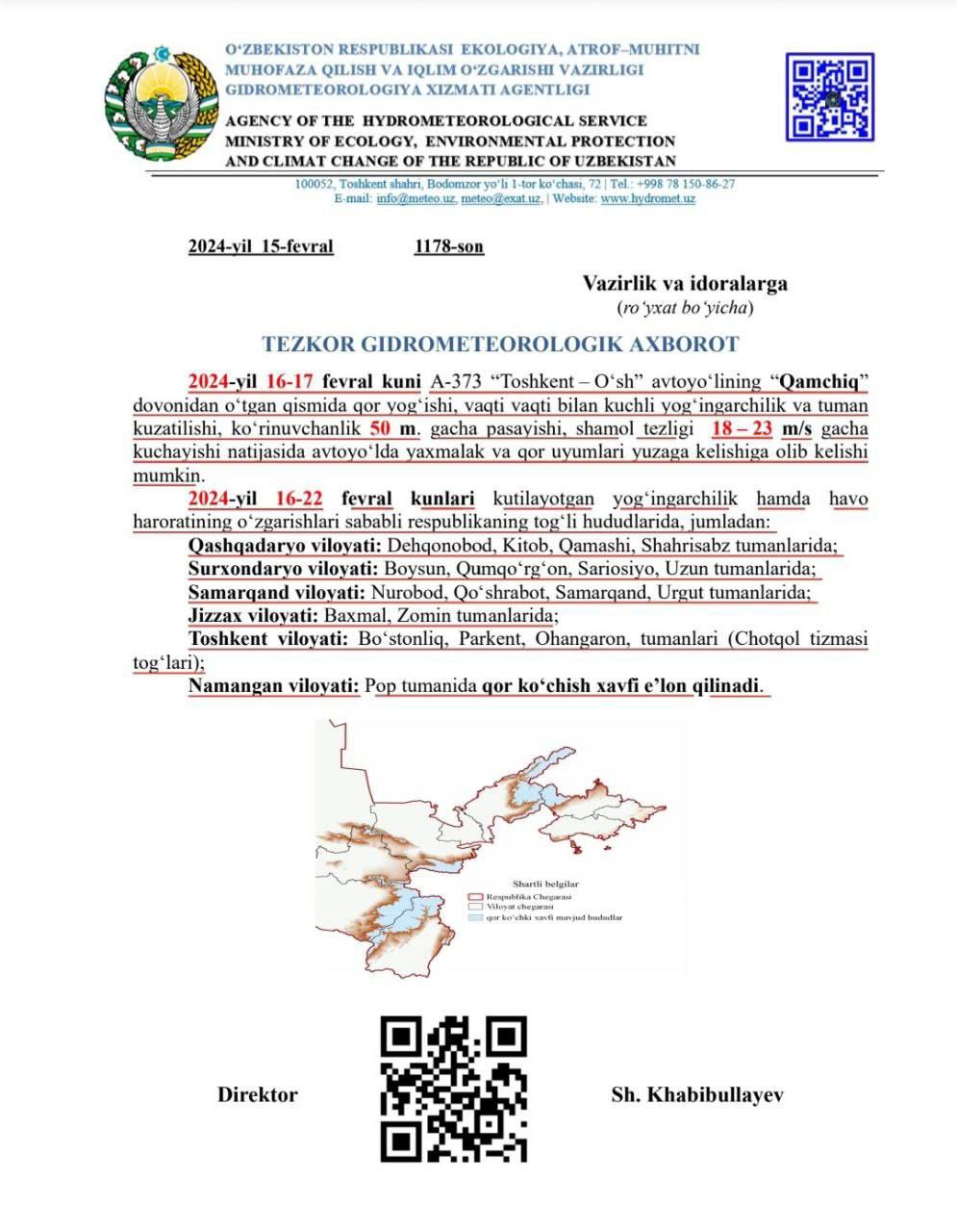 Gidrometeoroligiya xizmati ogohlantirmoqda