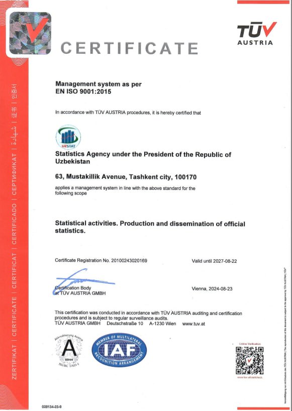 Statistika agentligi ISO 9001 xalqaro sertifikatini oldi